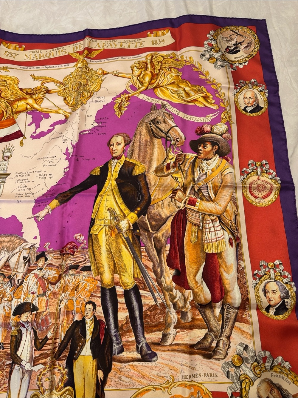 Hermes Purple Red Cream Gold Historical Silk Scarf - Marquis de Lafayette Motif